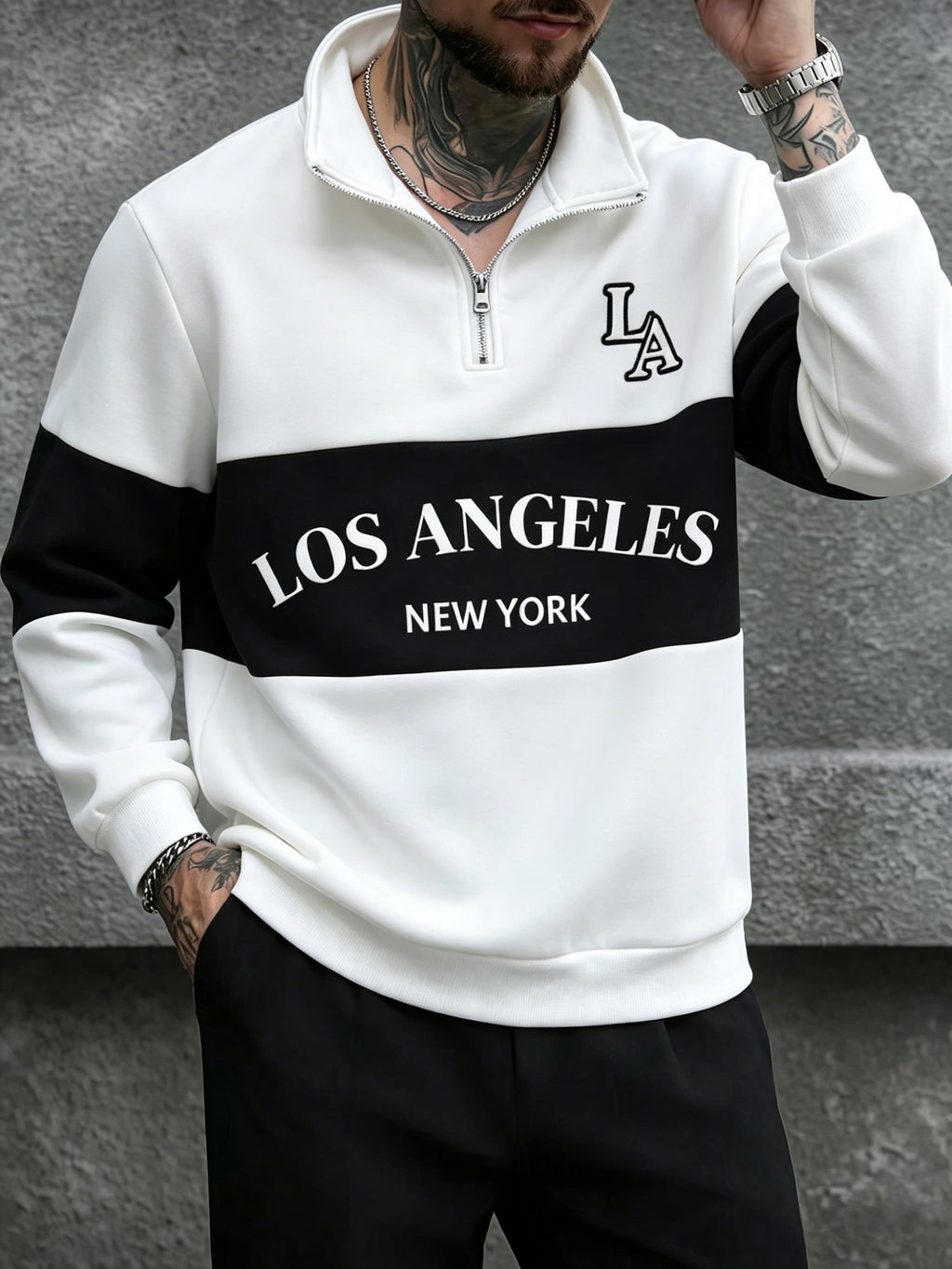 [Shule Water OBM] Spring Men'S Color-Block Letter Print Half-Zip Sweatshirt - Milky