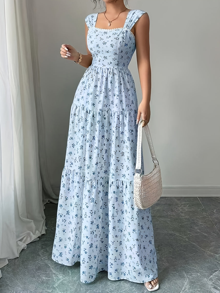 Elegant Printed Tiered Tunic Dress | Square Neck, Sleeveless, Long Length, Trapeze Hem, Regular Fit For Adults - Multicolor