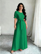 Elegant Summer Dress, Polka Dot Print Dress, Women's Fashion Round Neck Short Puff Sleeve Dress with Belted Waist, Long Dress ASD1 - Green