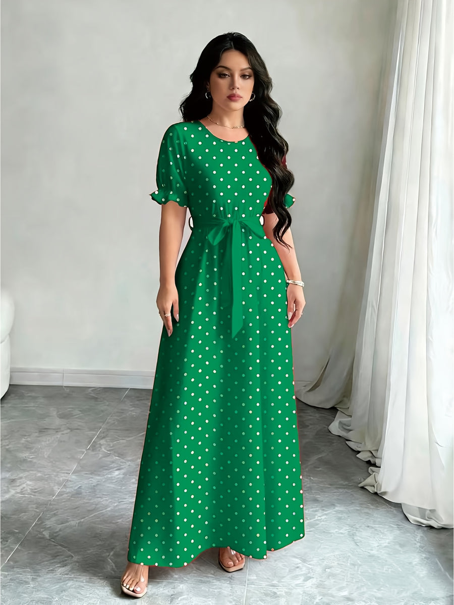 Elegant Summer Dress, Polka Dot Print Dress, Women's Fashion Round Neck Short Puff Sleeve Dress with Belted Waist, Long Dress ASD1 - Green