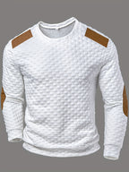 Men'S Fashion Men'S Clothing Top T-Shirt, Autumn Winter Outdoor Casual Textured Small Check Round Neck Contrast Color Patchwork Long Sleeve Men'S Henley Shirt - White