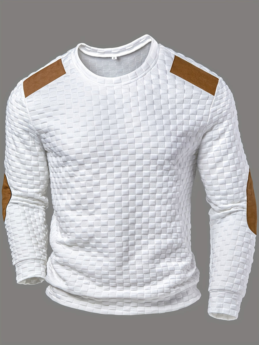 Men'S Fashion Men'S Clothing Top T-Shirt, Autumn Winter Outdoor Casual Textured Small Check Round Neck Contrast Color Patchwork Long Sleeve Men'S Henley Shirt - White