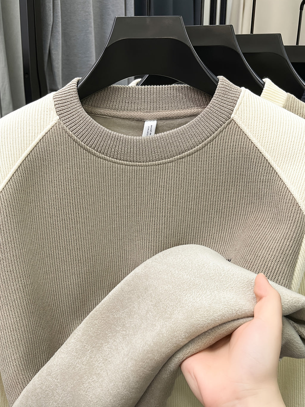 Men'S Color-Block Fleece Sweater Autumn Winter Thick Warm Knit Round Neck Pullover - Khaki