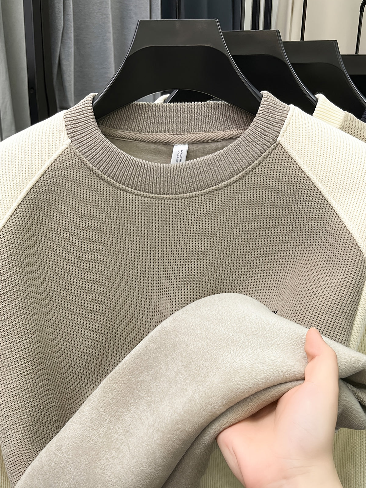 Men'S Color-Block Fleece Sweater Autumn Winter Thick Warm Knit Round Neck Pullover - Khaki