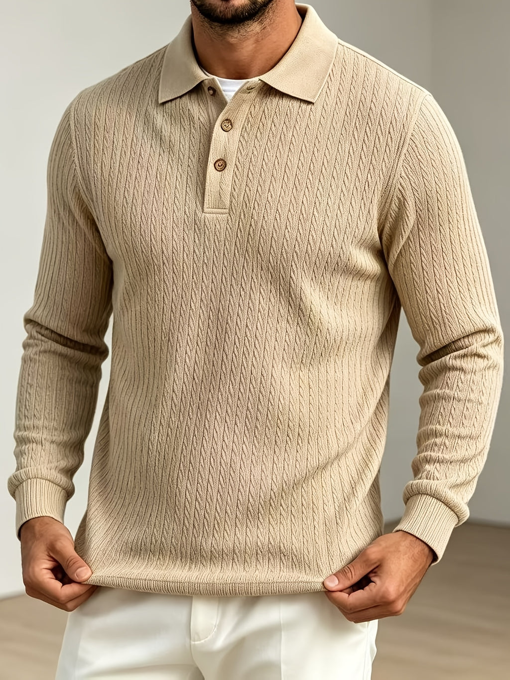 2026 New Men's Long-Sleeve Polo Shirt, Jacquard Texture Lapel Top, Casual Three-Button Knitted Business Versatile Long-Sleeve T-Shirt - Khaki