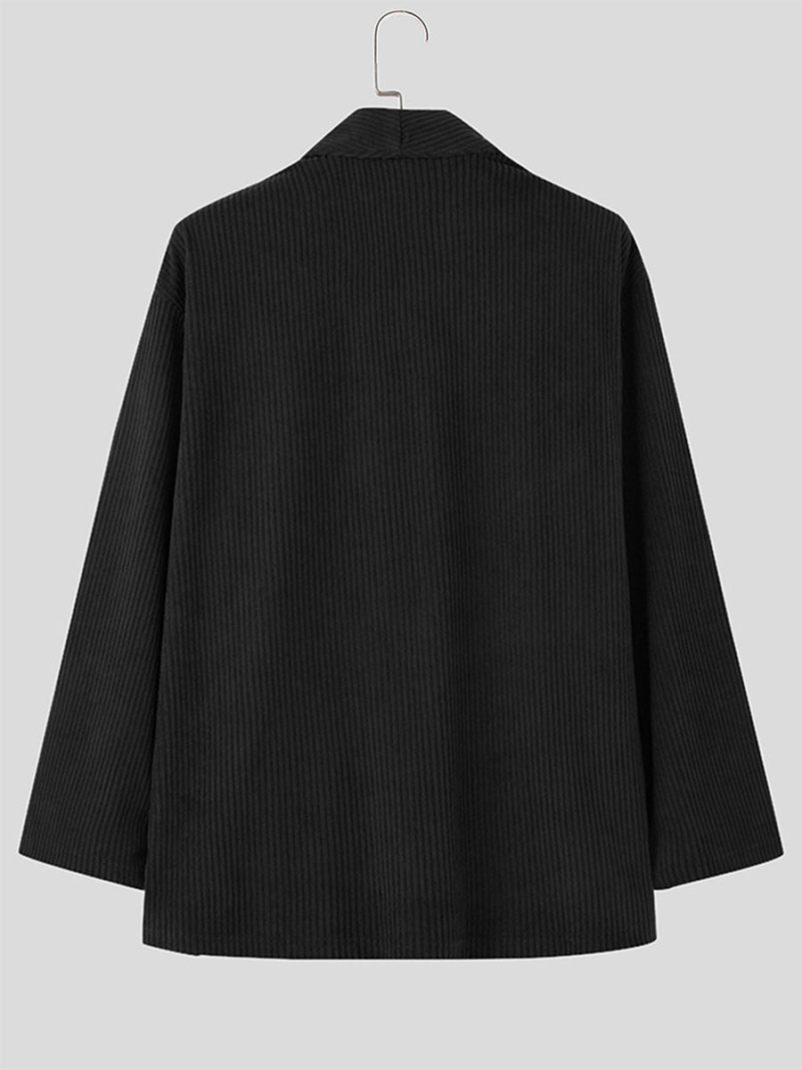 INCERUN Men Corduroy Coat Shawl Collar Long Sleeve Solid Simple Outdoors Coat Kimono Cardigan - Black
