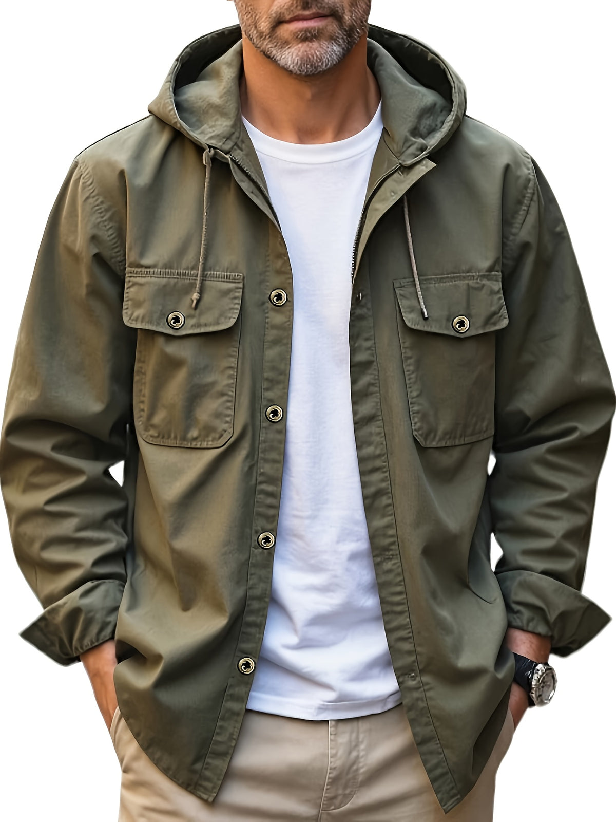 Men'S Fashion Casual Button-Up Olive Green Jacket - fern green