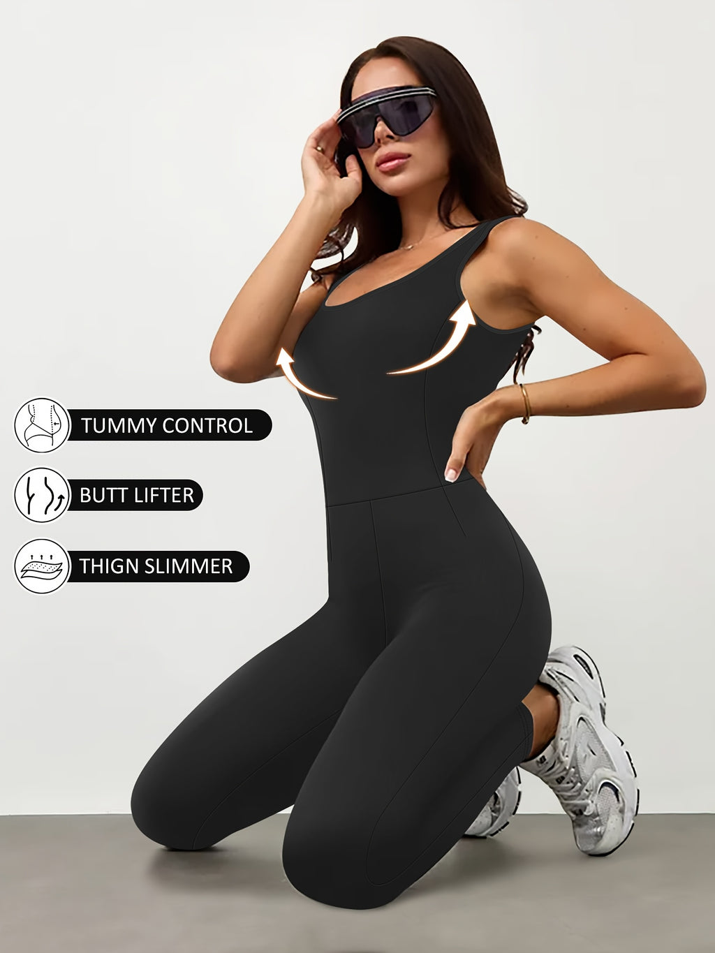 Women'S Jumpsuit Square Neck Leggings Romper - Squat-Proof, Tummy Control, Lifting, Full Length, 4-Way Stretch One-Piece Sleeveless Square Neck Tank Top Leggings Unitard - Black