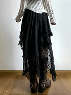 1307 Versatile Layered Irregular Lace Skirt, Bohemian Vacation Style Half Skirt - Black