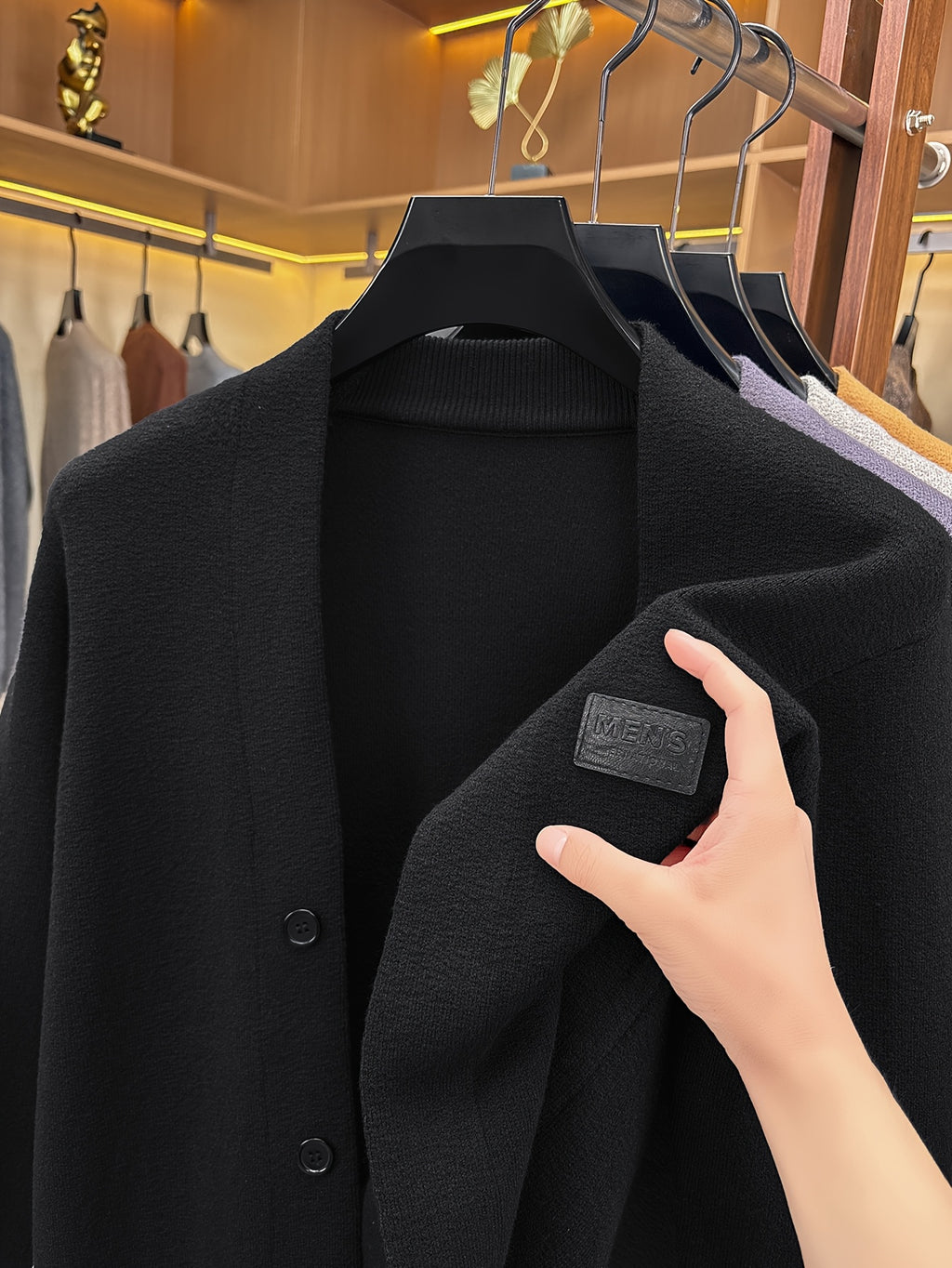 1pc Spring Autumn Men'S V-Neck Cardigan Knit Jacket Single Fake Button Cardigan Sweater Easy All-Match Casual Outerwear Knit Top - Black