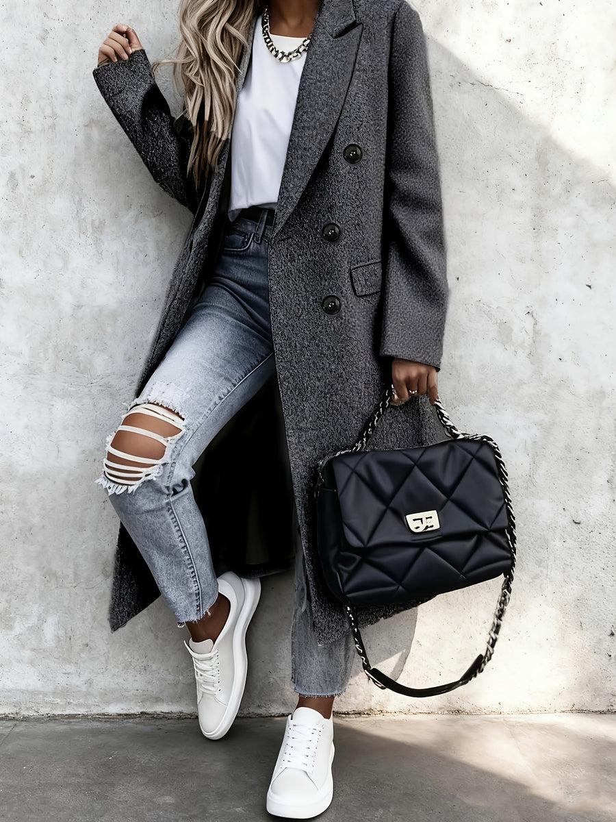 Over-The-Knee Long Premium Design Style Long Sleeve Trench Coat Women'S New Suit Collar Double-Breasted Casual Coat Jacket - Dark Gray