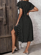 Women'S Elegant Polka Dot Bust-Crossing Short Sleeve Side-Slit Dress - Black