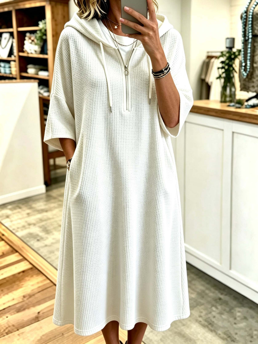 Plus Size - Spring Autumn New Waffle Half-Zip Hooded Sweatshirt Dress Women'S Loose Plus Size Three-Quarter Sleeve Drawstring Pocket Mid-Length Casual Style Solid Color Pullover Dress - White