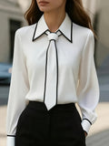 Women'S New Black And White Color-Blocked Piping Knotted Elegant Long-Sleeved Shirt Top - White