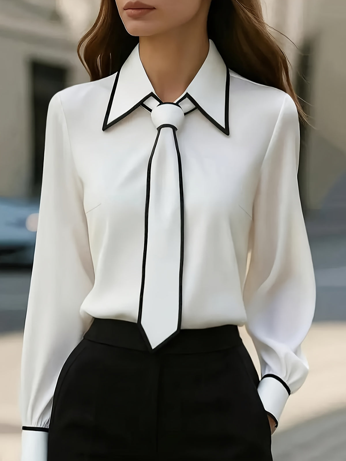Women'S New Black And White Color-Blocked Piping Knotted Elegant Long-Sleeved Shirt Top - White