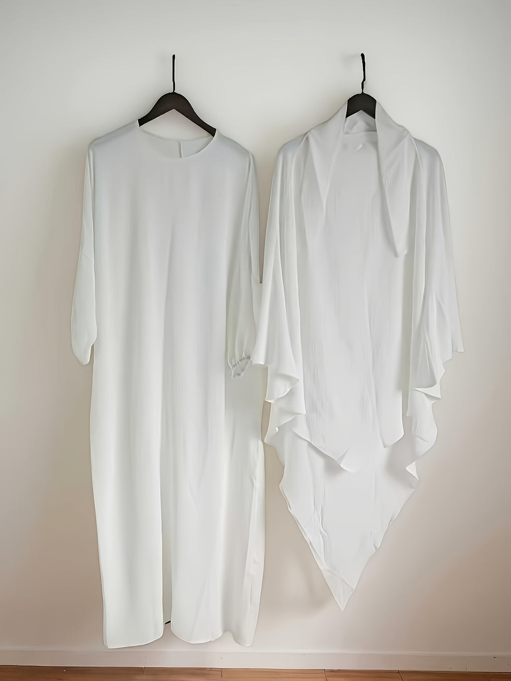 Two-Pieces Set (Khimar And Abaya) Prayer Jilbab Outfit for Muslim Women, Stylish And Elegant, Features a Solid Color, Easy Single-Layer Headscarf Khimar. Ideal for Everyday Wear, Festivals, Gatherings, And Outdoor Events. Women'S Islamic - White