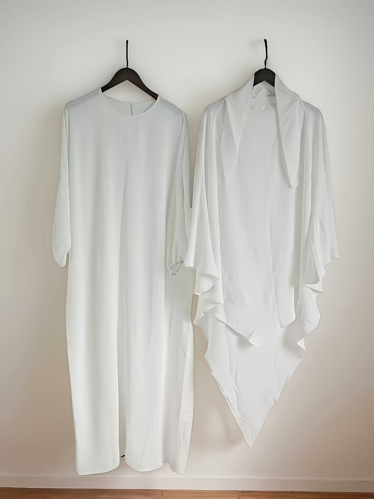Two-Pieces Set (Khimar And Abaya) Prayer Jilbab Outfit for Muslim Women, Stylish And Elegant, Features a Solid Color, Easy Single-Layer Headscarf Khimar. Ideal for Everyday Wear, Festivals, Gatherings, And Outdoor Events. Women'S Islamic - White