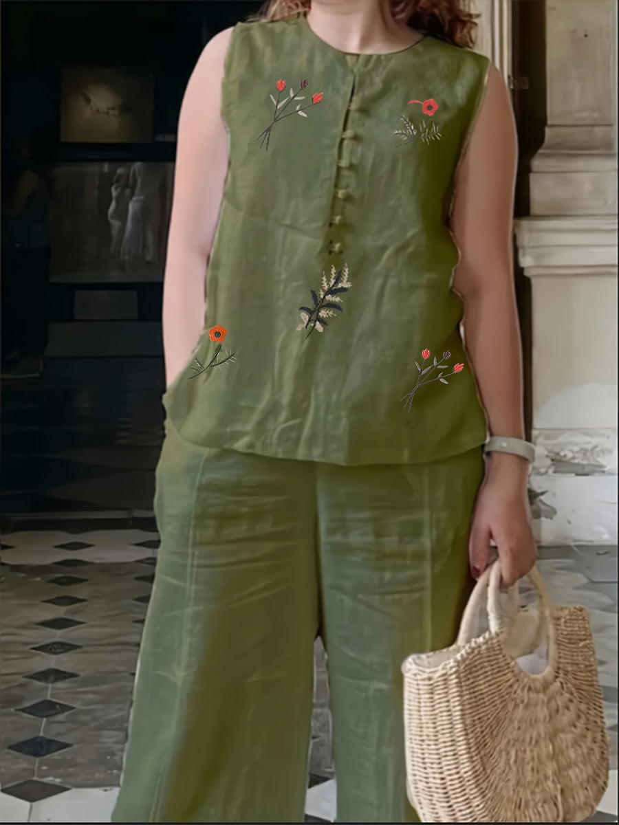 Chinese Style Embroidered Women's Set, Breathable Vest and Pants Outfit - Two-Piece Casual Elegant Ensemble - Olive Green