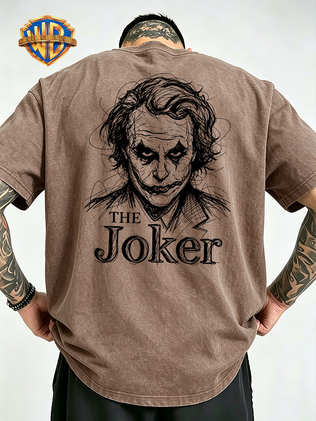 Warner Bros Official Hand-Drawn Scribble DC Joker Print Washed T-Shirt, Men's 100% Pure Cotton Fabric, Casual and Comfortable Style, Loose Fit Breathable Short Sleeve Men's Casual Top, Distressed Washed Loose Fit - Khaki
