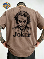 Warner Bros Official Hand-Drawn Scribble DC Joker Print Washed T-Shirt, Men's 100% Pure Cotton Fabric, Casual and Comfortable Style, Loose Fit Breathable Short Sleeve Men's Casual Top, Distressed Washed Loose Fit - Khaki