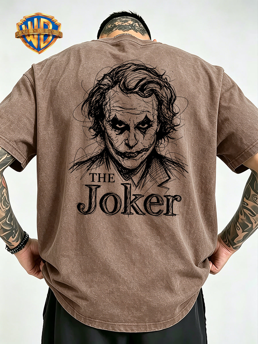 Warner Bros Official Hand-Drawn Scribble DC Joker Print Washed T-Shirt, Men's 100% Pure Cotton Fabric, Casual and Comfortable Style, Loose Fit Breathable Short Sleeve Men's Casual Top, Distressed Washed Loose Fit - Khaki