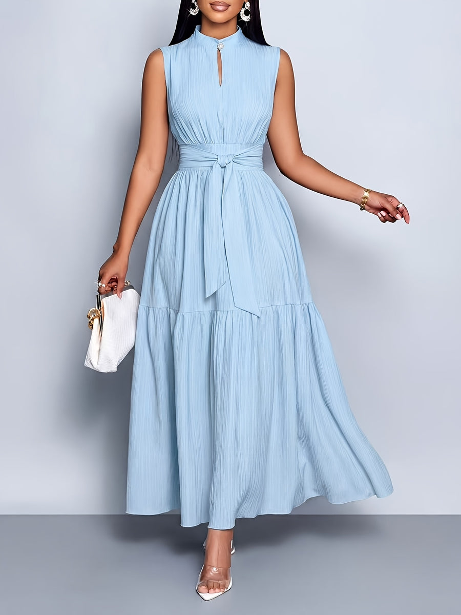 Elegant and Fashionable Women's Solid Color Stand-up Collar Sleeveless Waist-cinching Tie-knot Dress with Front Cutout, Suitable for Casual, Fashionable, and Commuting Styles. Selected from the Industry's Elegant Series, Ideal for Parties and Work - Sky Blue