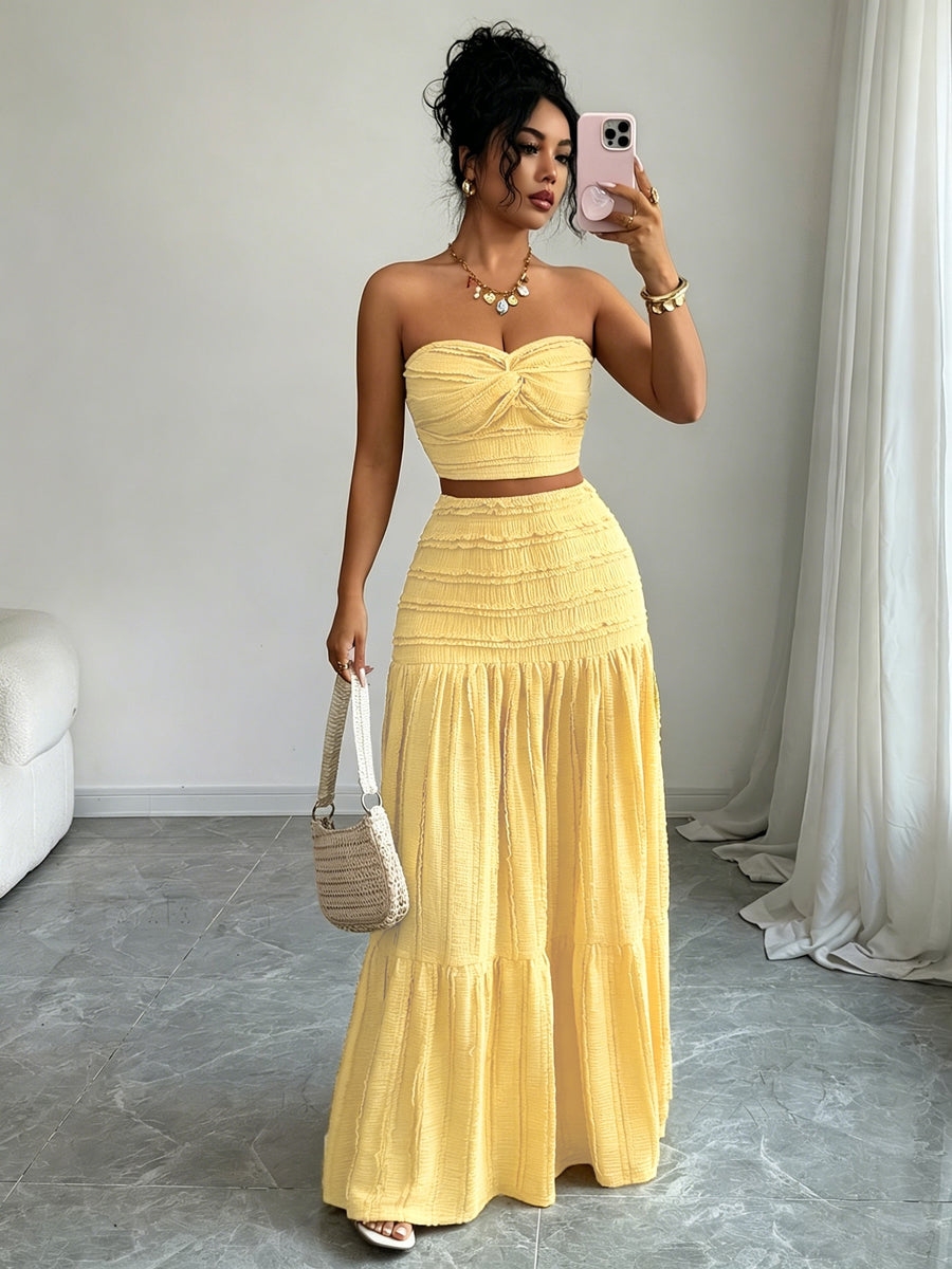 Women'S Jacquard Twisted Short Top And Loose Skirt Set, Elegant Fashion, Suitable for Birthday, Date, Party, Formal Occasions, Music Festival, Valentine'S Day, Easter, Labor Day, Back to Party, Singles' Day, Spring And Summer Wear - Bright Yellow