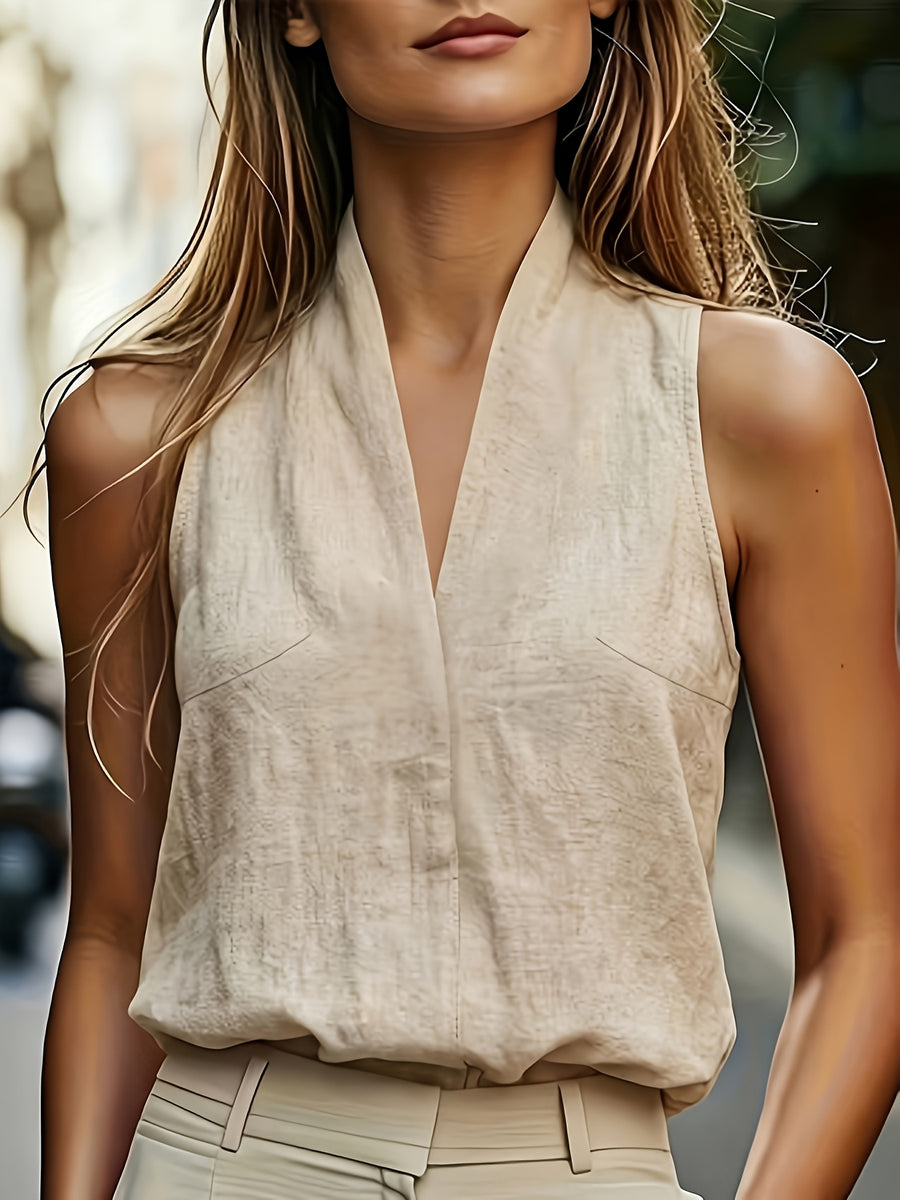 Summer Women'S New Fashion Commute Solid Color Versatile Easy Halter Off-Shoulder V-Neck Vest Blouse - Khaki