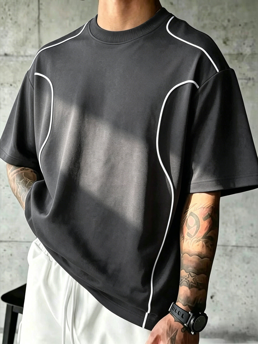 1 Men's Sporty Line Art Solid Color Short-Sleeve T-Shirt, Lightweight, Wear-Resistant, Anti-Pilling Street Style T-Shirt, 100% Polyester Fiber Quick-Drying, Breathable, Stretchy Short-Sleeve Top, Suitable for the Gym, Daily Outings, and Versatile - Dark Gray