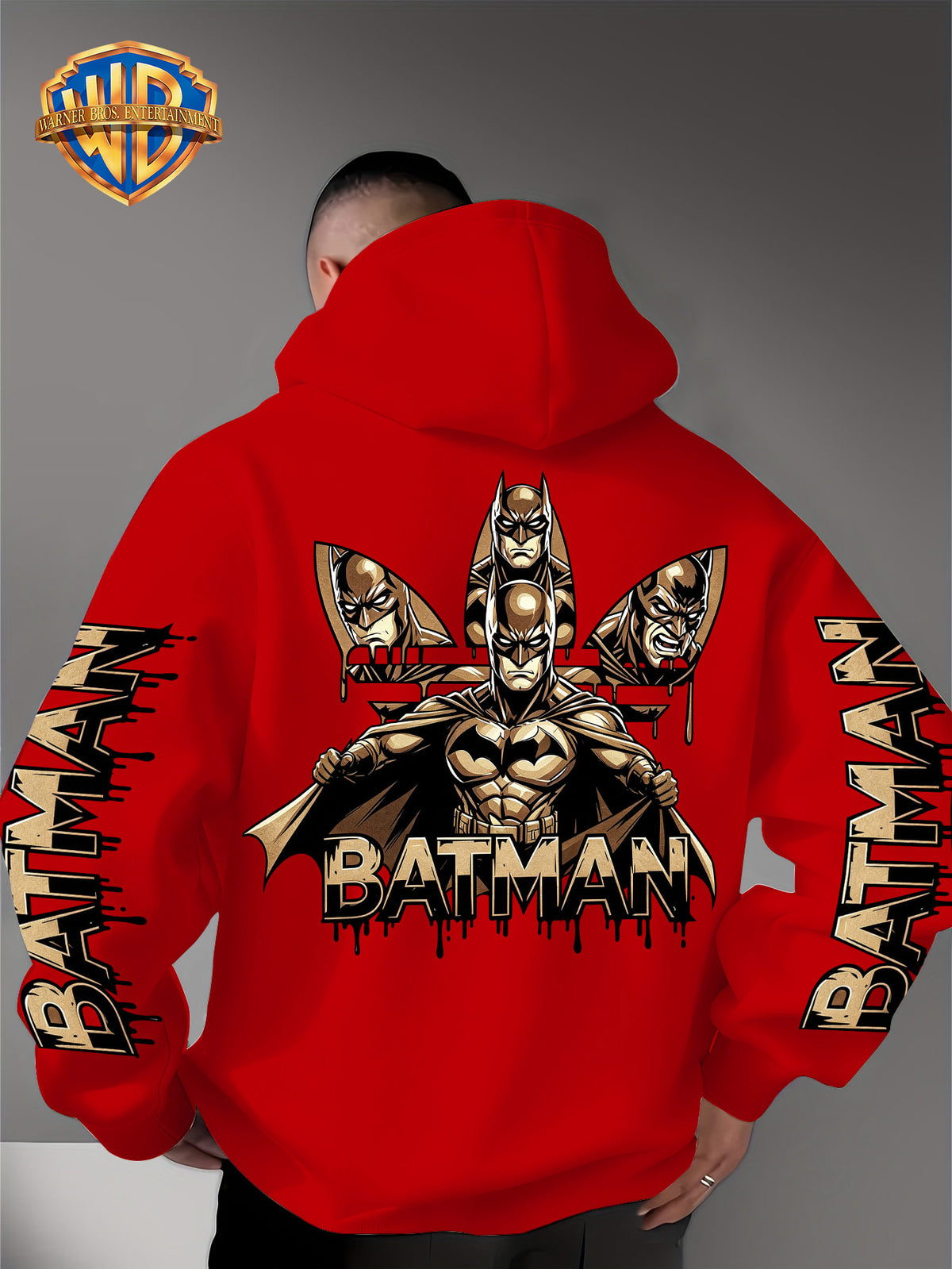 Warner Bros. Official Men's Hooded Sweatshirt - 1pc, Batman BATMAN Vintage Black and Golden Drip Lettering Creative Print, Trendy and Cool DC Superhero IP Graphic Hoodie, Skin-Friendly, Comfortable, and Warm Fabric, Kangaroo Pocket with Ribbed Cuffs - Red