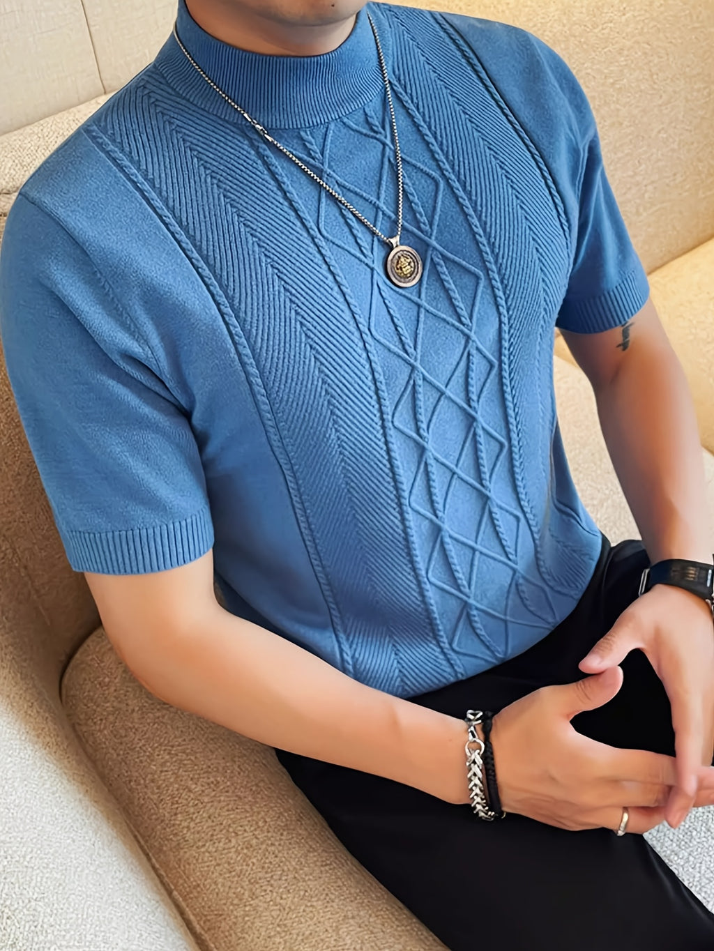 Men's New Solid Color Rhombus Fashion Semi-High Neck Knit Sweater, Spring/Summer Casual Short Sleeve Knit Top - Royal Blue