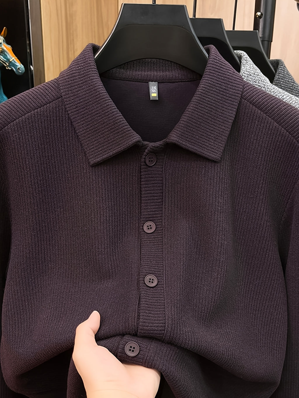 Men'S Lapel Knit Cardigan Jacket, Shirt-Style Knit Outerwear, Relaxed Fit, Business Casual. - SINBOS - Burgundy