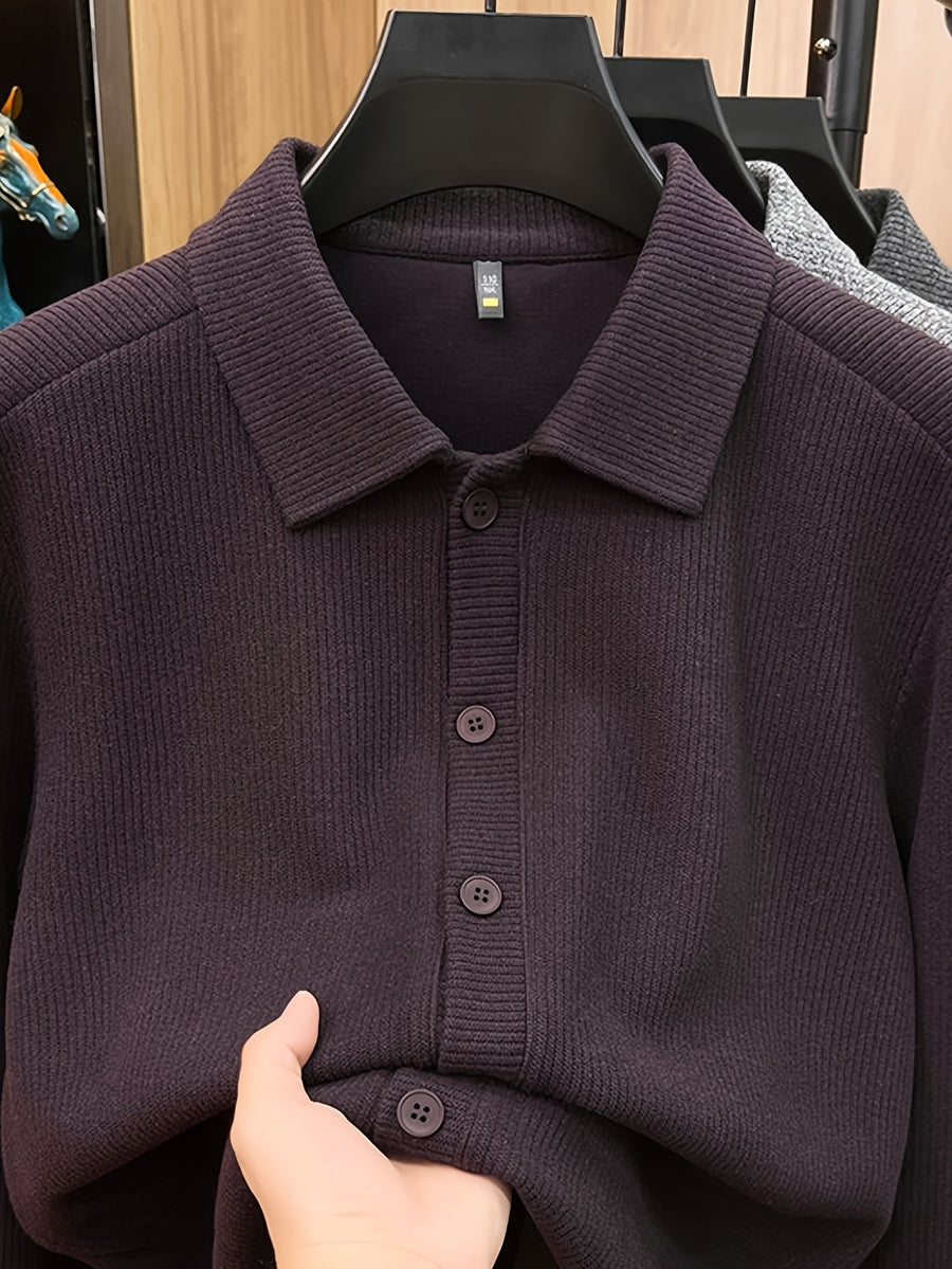 Men'S Lapel Knit Cardigan Jacket, Shirt-Style Knit Outerwear, Relaxed Fit, Business Casual. - SINBOS - Burgundy