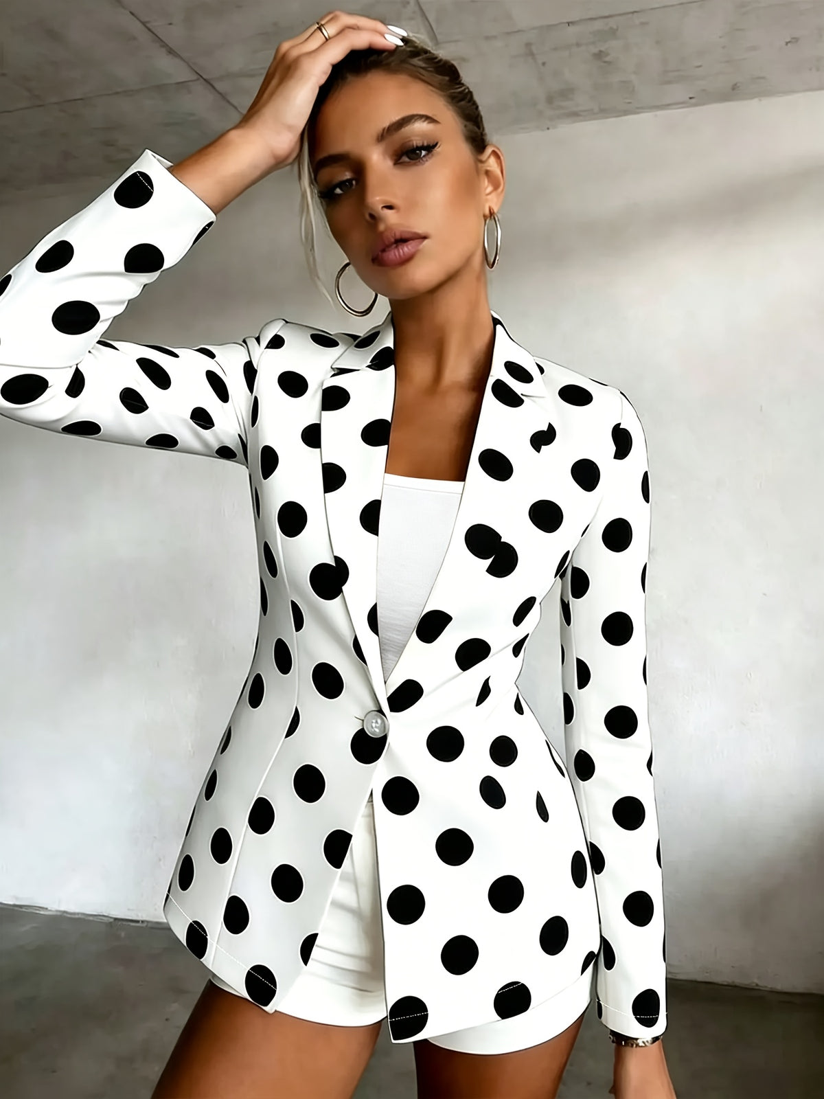 Women's Polka Dot Pattern Button-Up Long Sleeve Blazer, Women's Top, Suitable for Spring, Summer, Autumn, A Must-Have Item for All Seasons, Machine Washable, for Office Commuting and Casual Outings - White