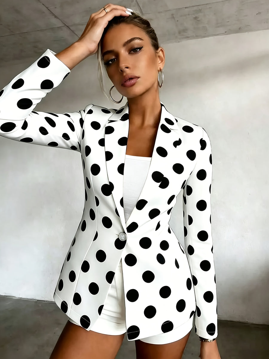 Women's Polka Dot Pattern Button-Up Long Sleeve Blazer, Women's Top, Suitable for Spring, Summer, Autumn, A Must-Have Item for All Seasons, Machine Washable, for Office Commuting and Casual Outings - White