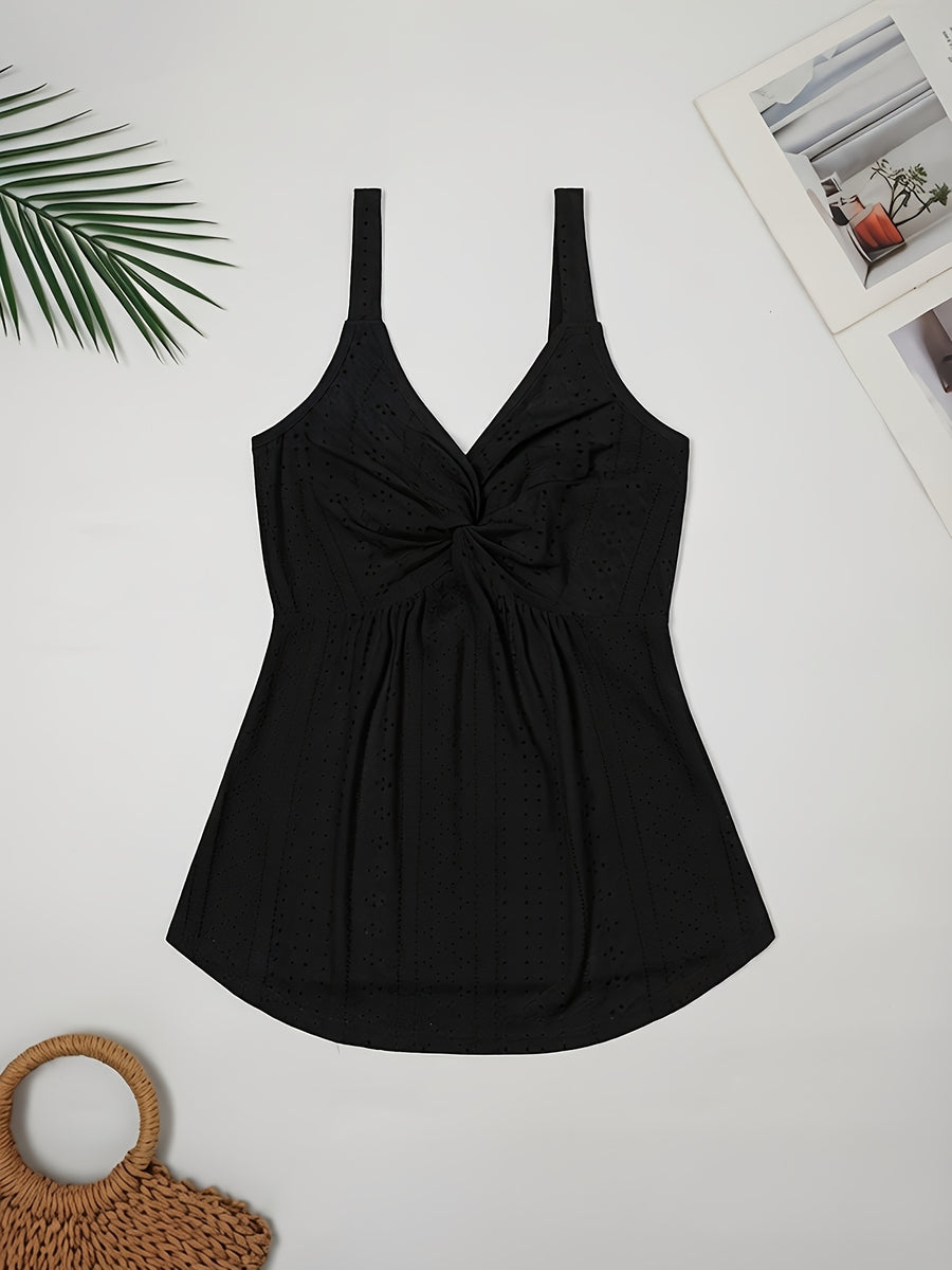 Western-style Women's Top with a Twisted Knot Design on the Chest, Made of Textured Lace Jacquard Fabric. A Spring/summer Beach, Outing, Date, or Vacation Shirt. "European Users Are Advised to Purchase One Size Smaller." - Black