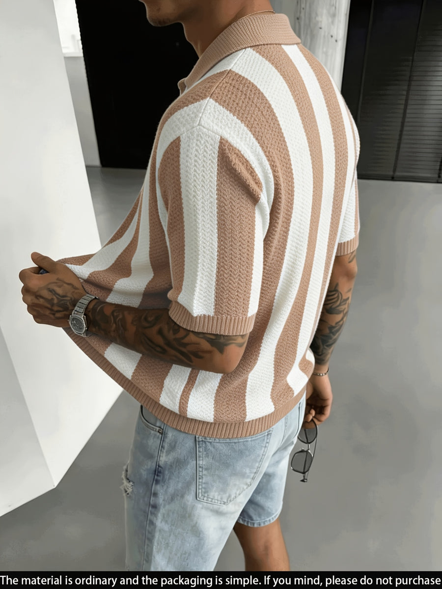 Men'S Knit Short Sleeve Color-Block Pinstripe Polo Collar Casual Loose Business Commute Knit Pullover Top - Apricot