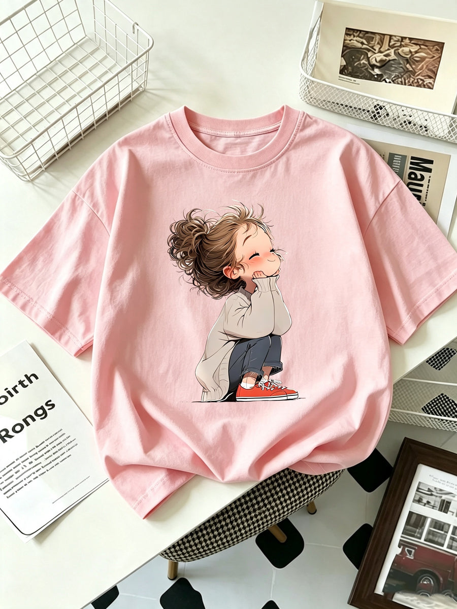 Women's Crew-Neck Short-Sleeve T-Shirt, Casual Daily-Wear Top with Cute Cartoon Graphic Print, Soft Comfortable Fabric, Relaxed Fit Apparel, Multiple Sizes - Pink