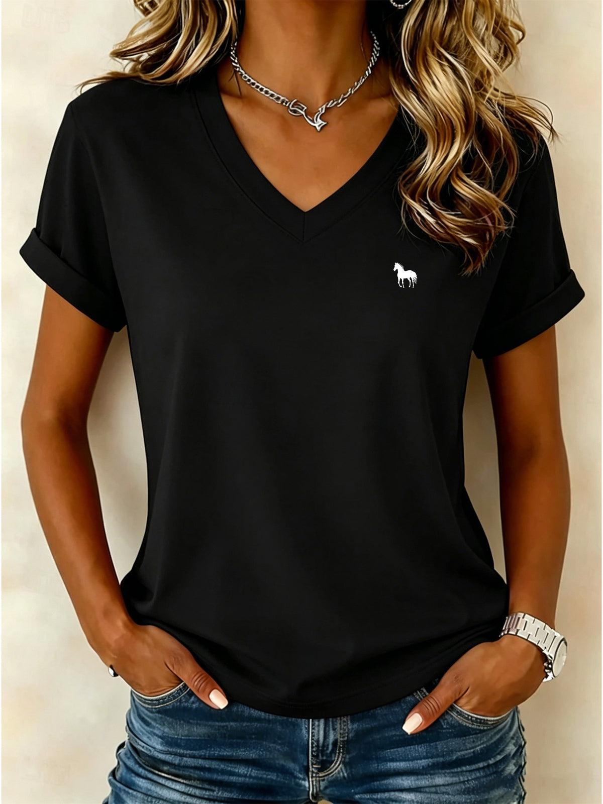 Stylish and Casual V-neck Short-sleeve T-shirt, Featuring a Galloping Horse Silhouette Print on the Left Chest, with Clean Lines Outlining the Horse's Form, Adding a Free-spirited Western Fashion Touch to the Basic Design - Black