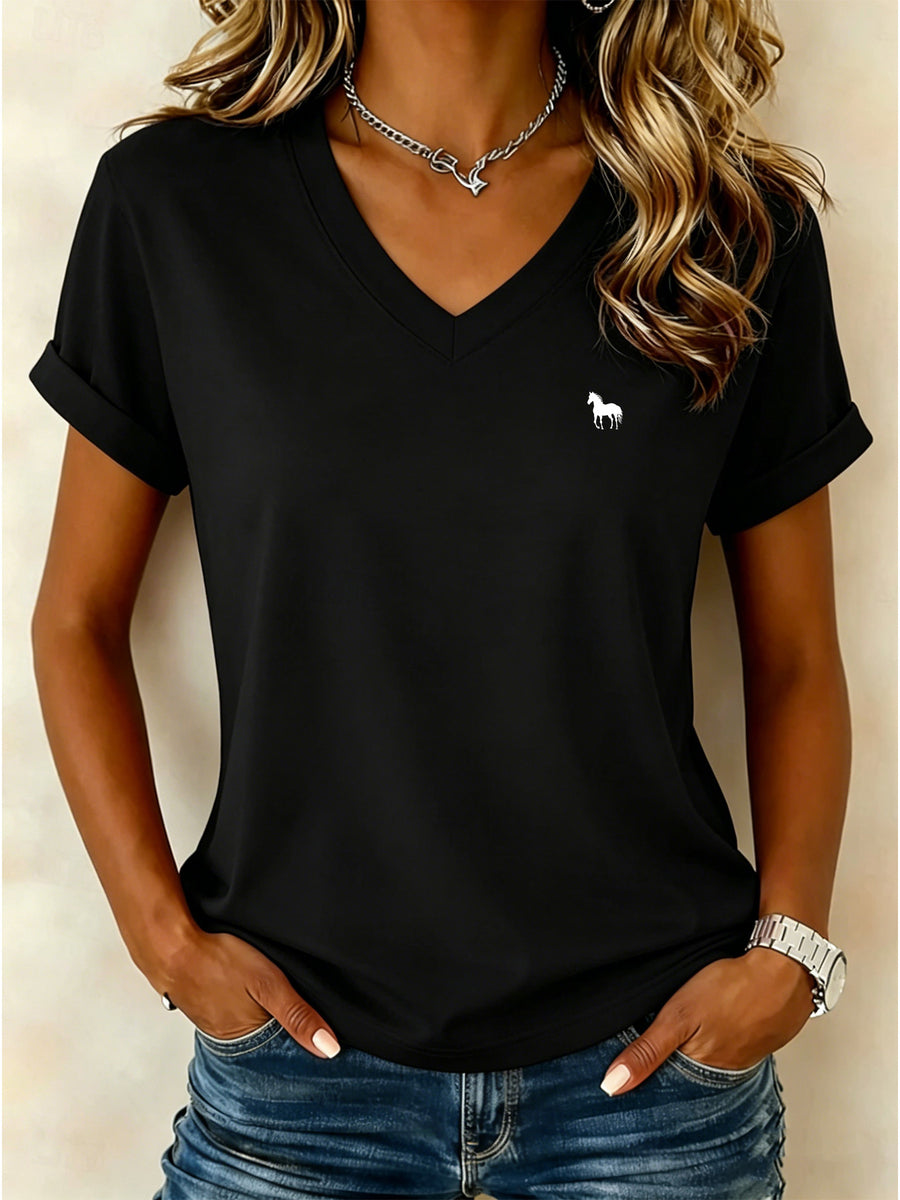 Stylish and Casual V-neck Short-sleeve T-shirt, Featuring a Galloping Horse Silhouette Print on the Left Chest, with Clean Lines Outlining the Horse's Form, Adding a Free-spirited Western Fashion Touch to the Basic Design - Black