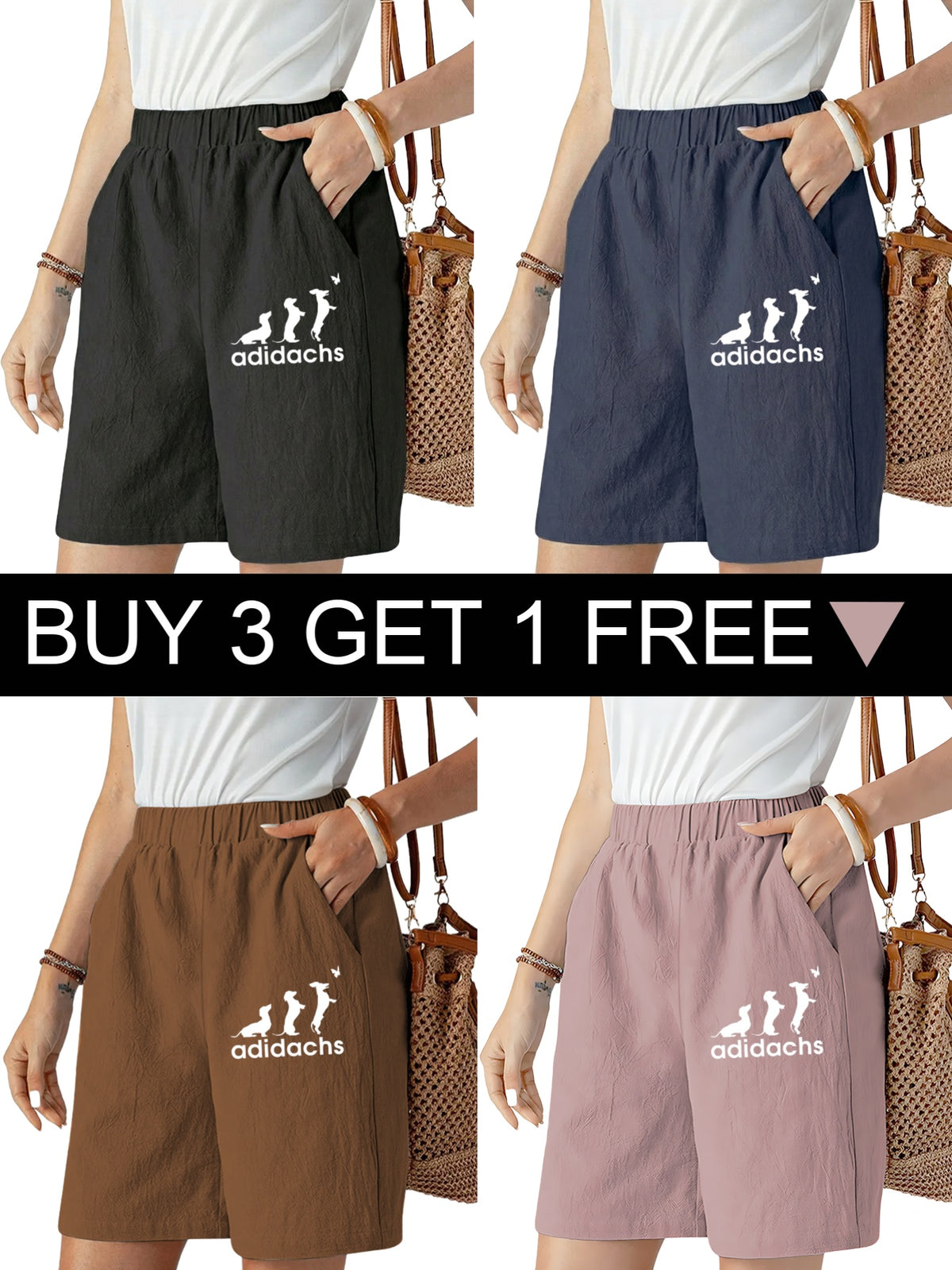 Buy 3 Get 1 Free, Total 4 Pairs: Women's Knee-Length Pants with  Print, Solid Color, Double Side Pockets, Elastic Waistband, Comfortable, Breathable, Casual Trousers - Black + Navy Blue + Brown + Pink