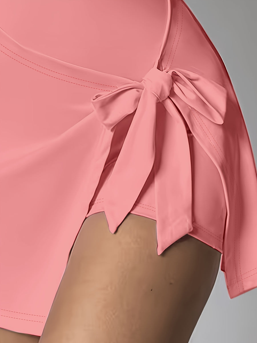 Women's Valentine's Day Heart-to-Heart Pattern Print Fit Tie-Up Short Sleeve Bodycon Romper Dress - Peach