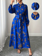 Women'S Vintage Long-Sleeve Single-Breasted Elegant Printed Belted Dress, Suitable for Bridesmaids - Blue Navy