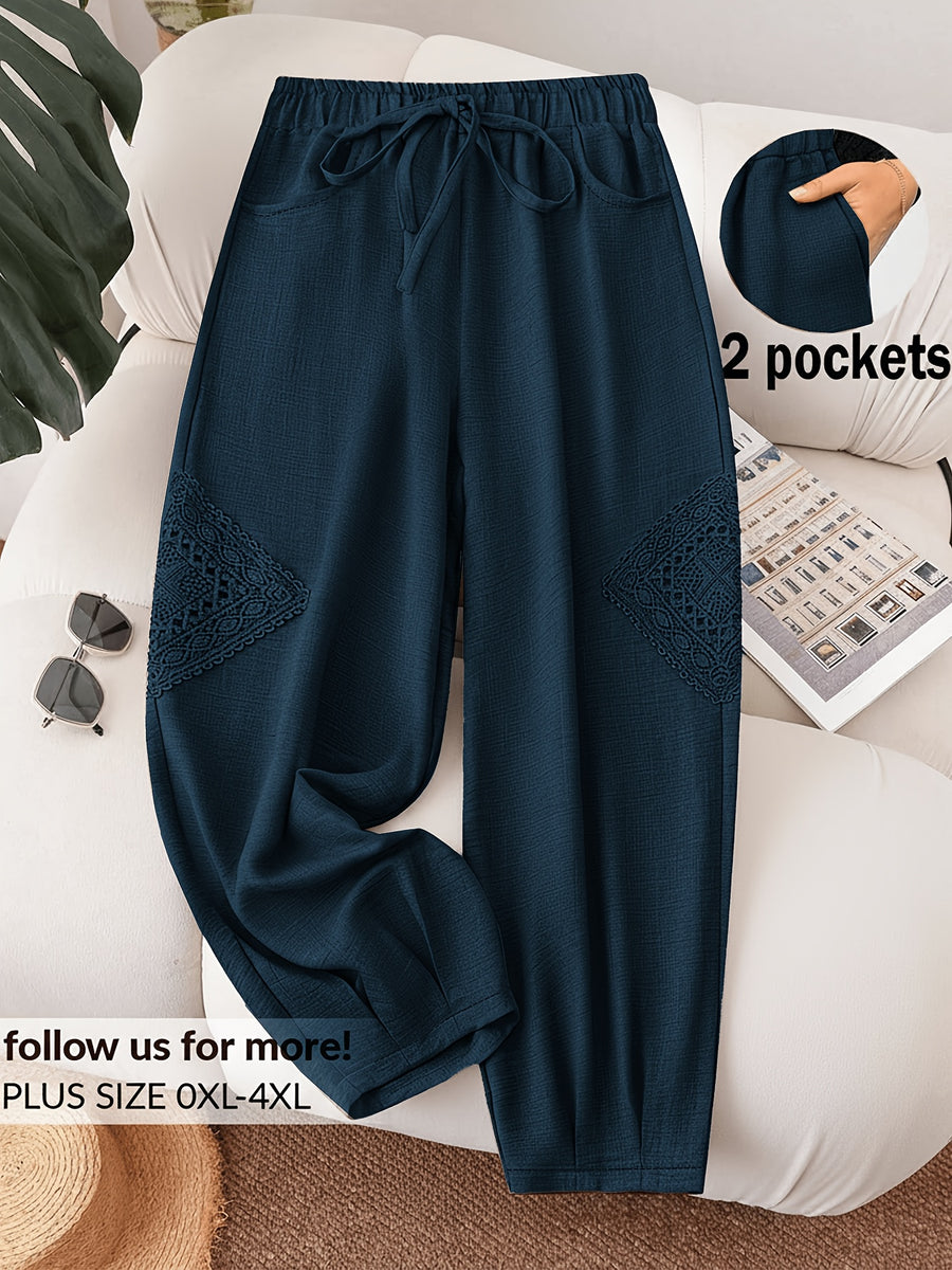 Fashionable Plus-Size Women'S Loose Pants with a Faux Drawstring, Suitable for Commuting, Vacations, Parties, And Sports, Featuring Pockets, Ideal for Everyday Wear - Dark Blue