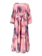 Women's Casual Elegant Middle Eastern-Inspired Tie-Dye Long Sleeve Dress with Waist Belt - Machine Washable All-Season Comfort for Gatherings, Vacations & Daily Wear - Pink Color