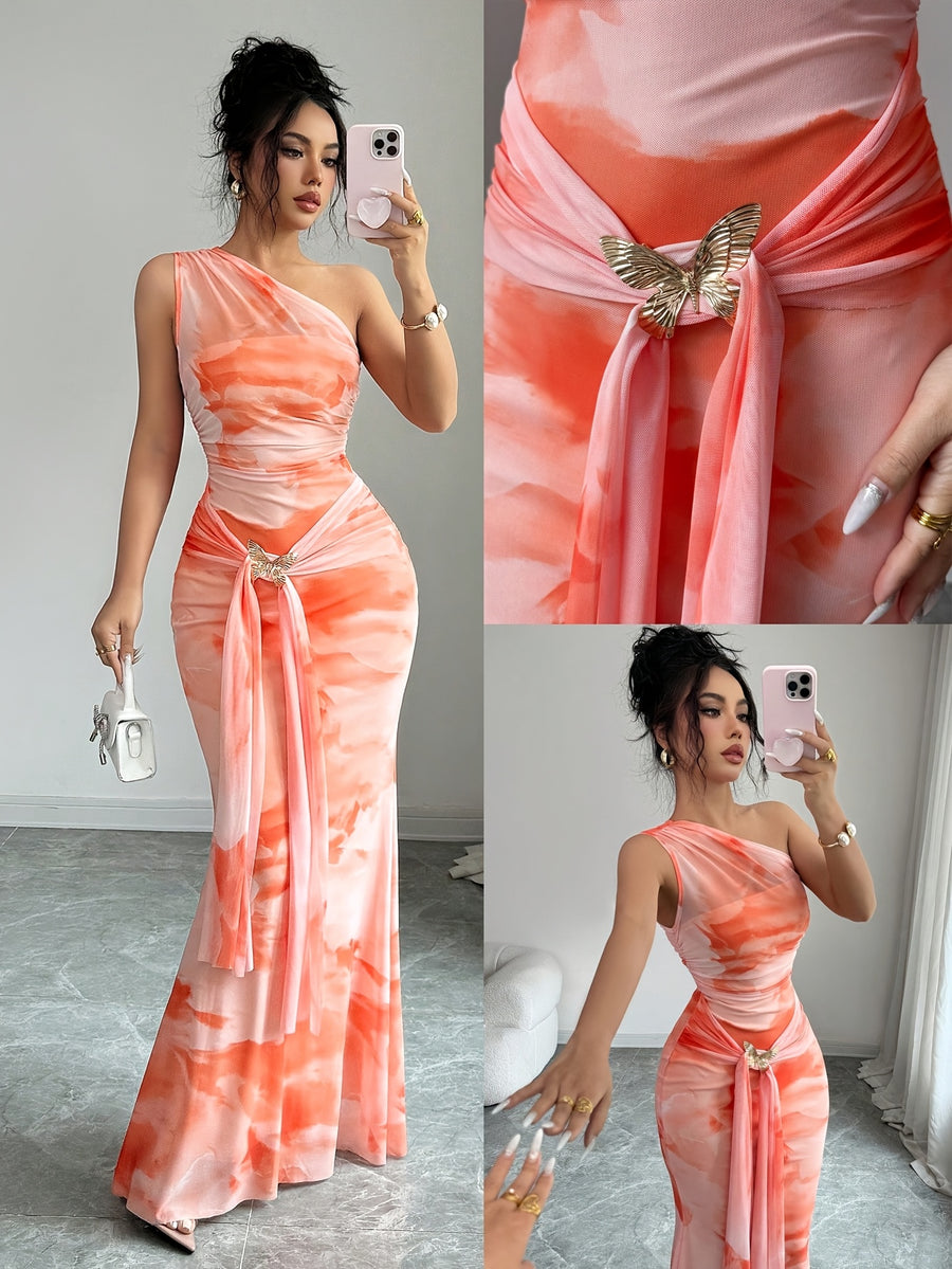 Elegant Smudge-effect Slim-fit Dress for Women, Spring/summer Daytime Party Attire – Asymmetrical Shoulder Sleeveless Mesh Slim-fit Style, Adorned with Metallic Butterfly Embellishments - Orange-Red