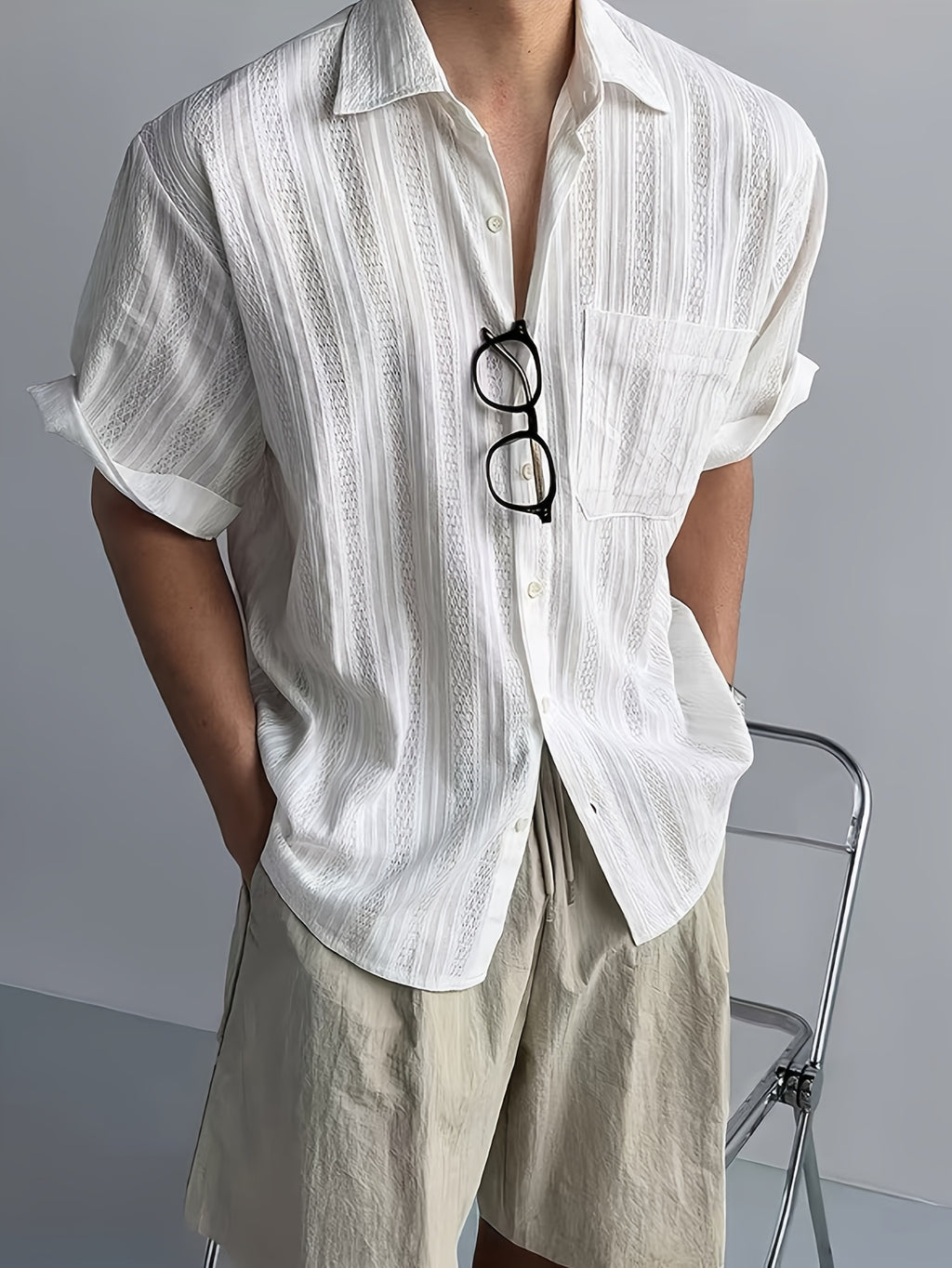 Men's American Vintage Textured Pocket Fashionable Comfortable Casual Short-Sleeve Shirt - White