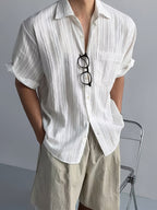 Men's American Vintage Textured Pocket Fashionable Comfortable Casual Short-Sleeve Shirt - White