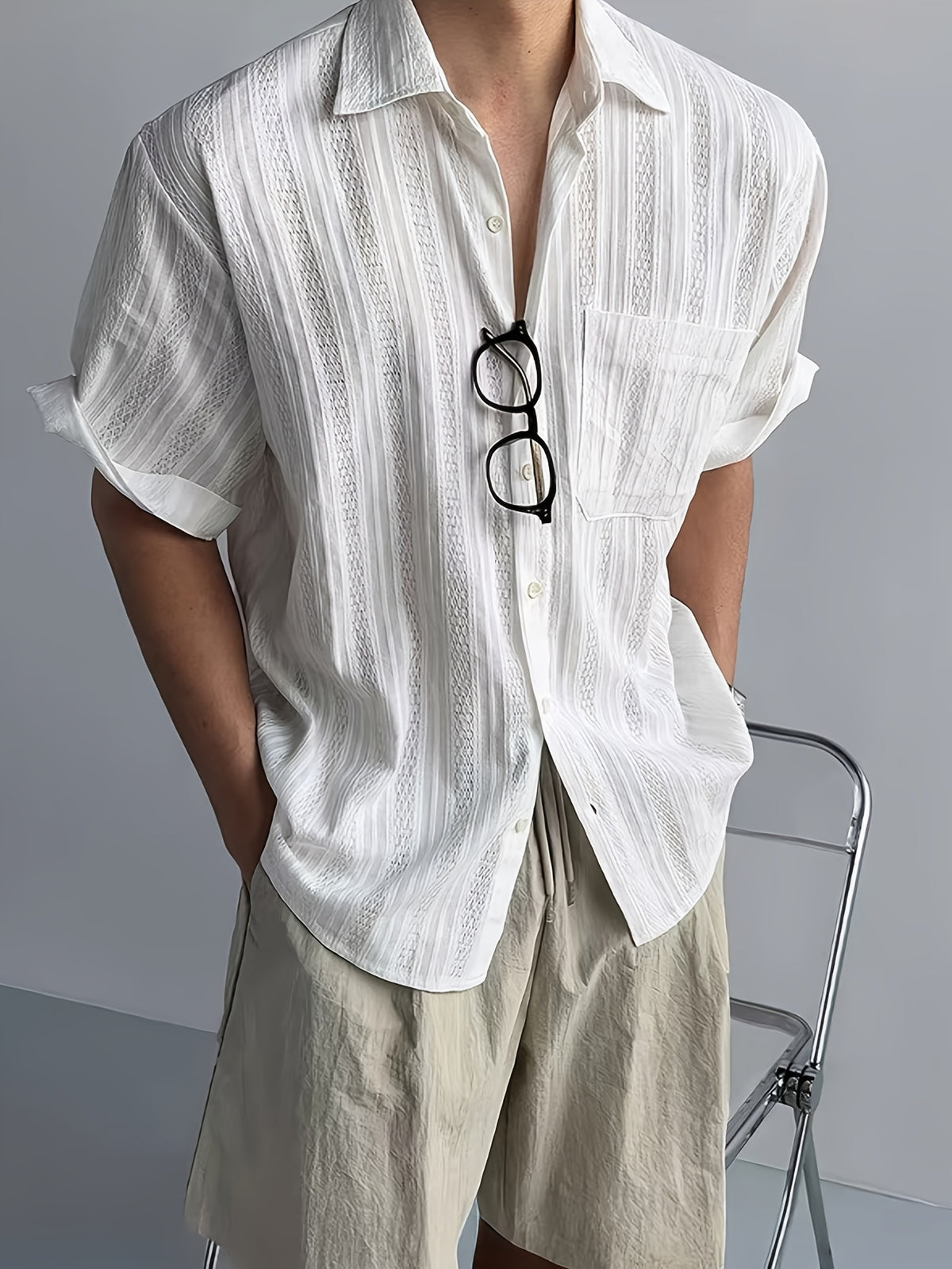 Men's American Vintage Textured Pocket Fashionable Comfortable Casual Short-Sleeve Shirt - White