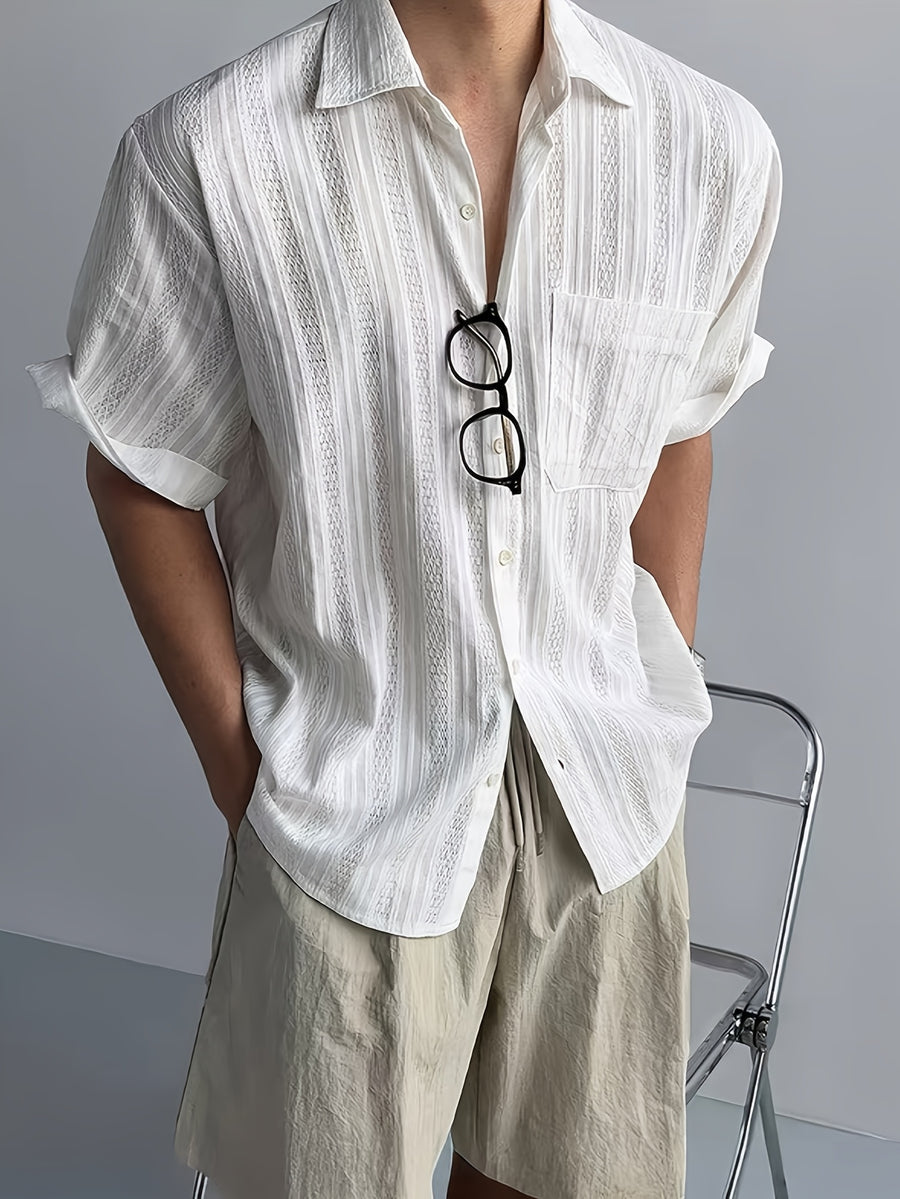 Men's American Vintage Textured Pocket Fashionable Comfortable Casual Short-Sleeve Shirt - White
